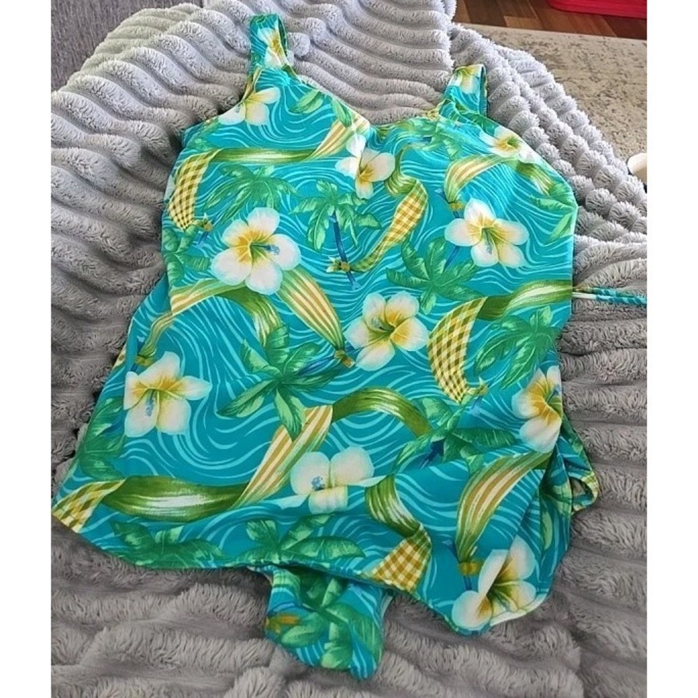 Beach Cabana Swimsuit PLUS 3X Black Blue Floral Skirted One Piece Tie Waist EUC